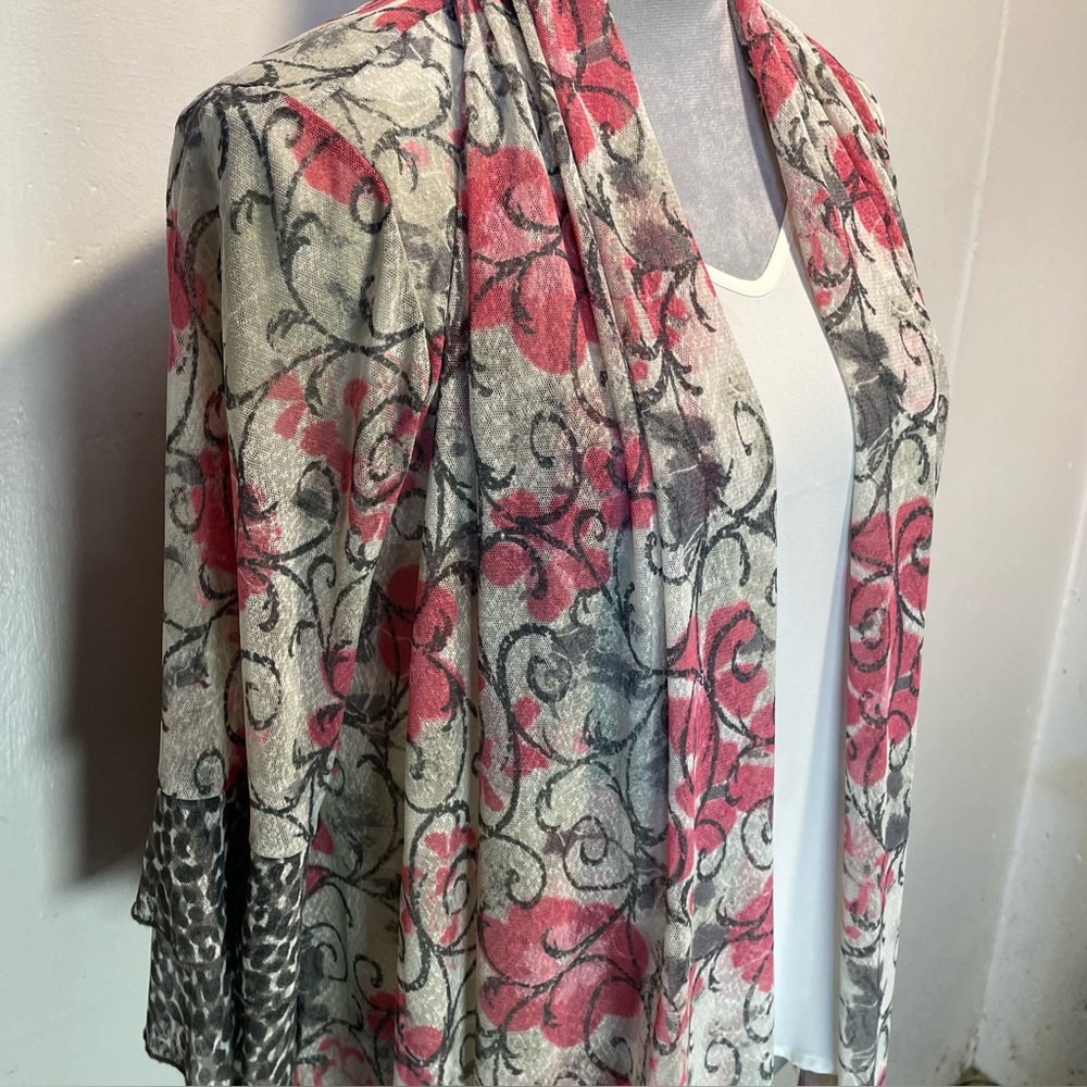 #0231 MULTIPLES Floral Sheer Kimono Cardigan w/ Leopard Layered Flare Sleeves-S - Picture 5 of 9